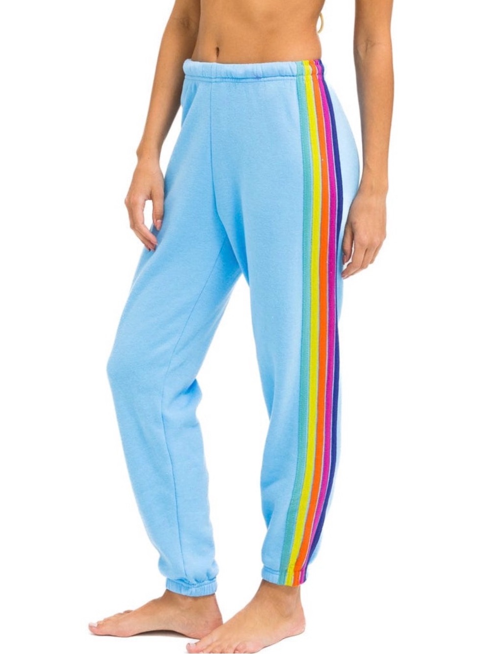 Aviator Nations Womens Light Blue Jogger Sweatpants with Rainbow stripe. Size M